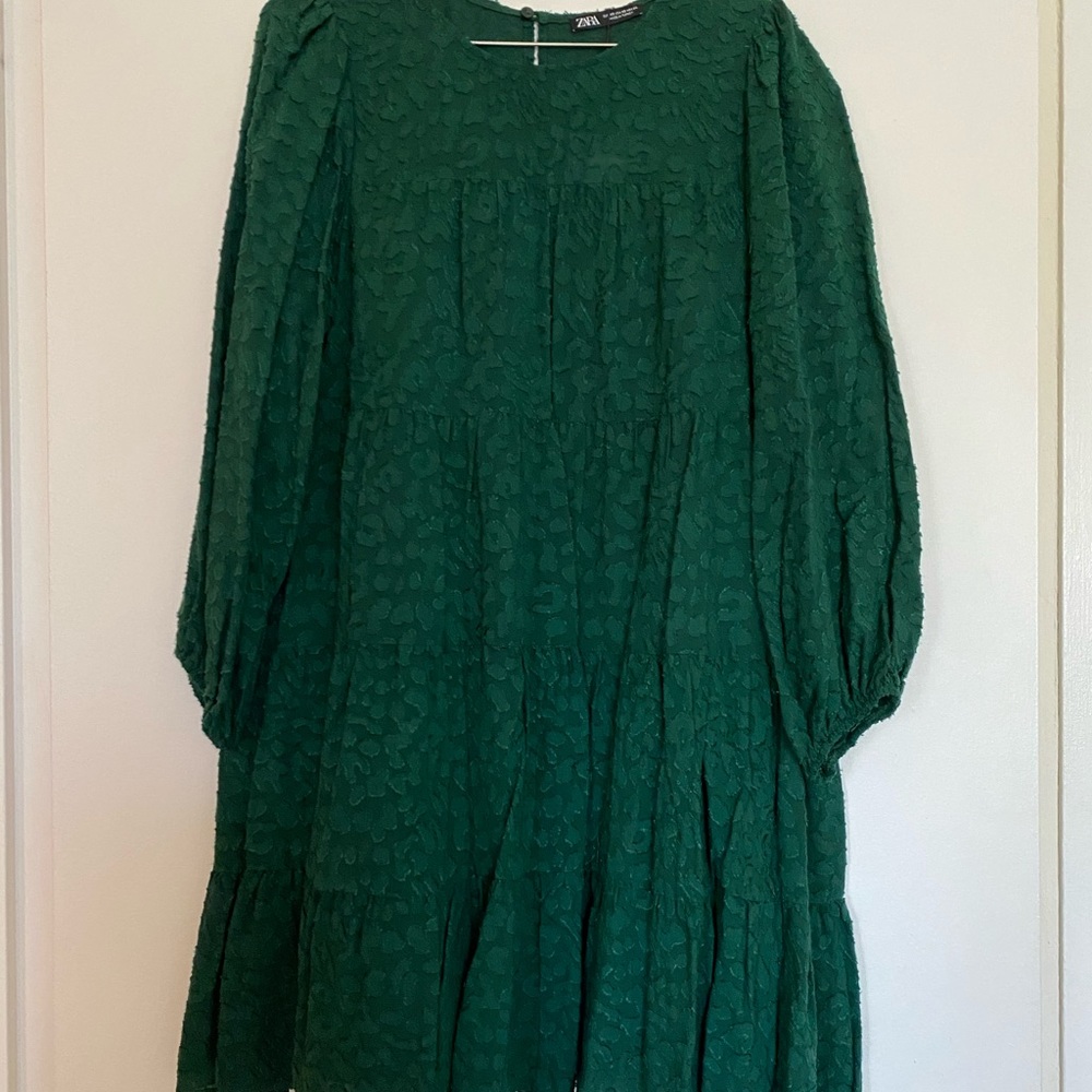 NWT Zara Emerald Green Tiered Swing Mini Dress